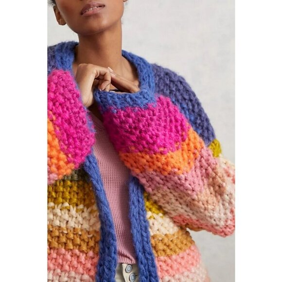 💕SAACHI💕 Mayflower Rainbow Stripe Cardigan ~ Hand Knit Multi-Color Medium - Picture 4 of 16